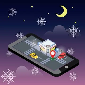Vector isometric of cozy cafe. Snow winter night. Christmas or New Year eve Stock Illustration