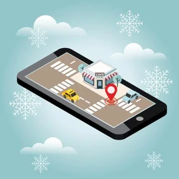 Vector isometric of cozy cafe. Snow winter day. Waiting for a Christmas and New Stock Illustration