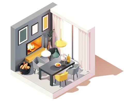 Vector isometric dining room with fireplace Stock Illustration