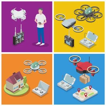Vector isometric drone poster banner template set Stock Illustration
