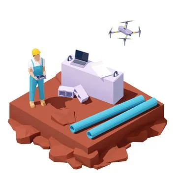 Vector isometric drone survey at construction site Stock Illustration