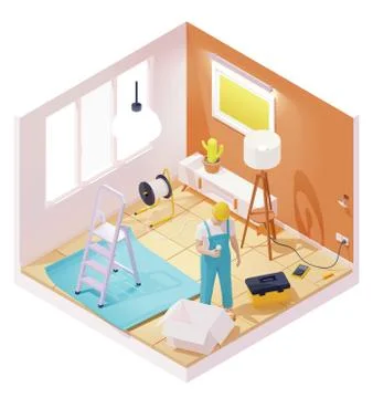 Vector isometric electrician working in room Stock Illustration
