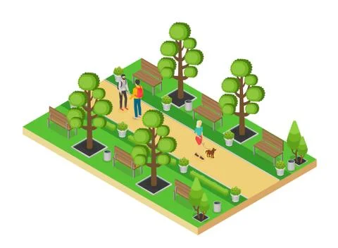 Vector isometric element of green park with alley and people walking isolated on Ilustración de archivo
