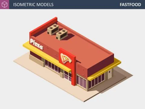 Vector Isometric Fast Food or Pizzerie Building with Sale Sign Board. Ilustración de archivo