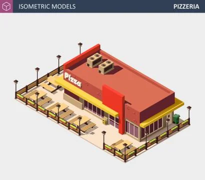 Vector Isometric Fast Food or Pizzerie Building with Sale Sign Board. Ilustración de archivo