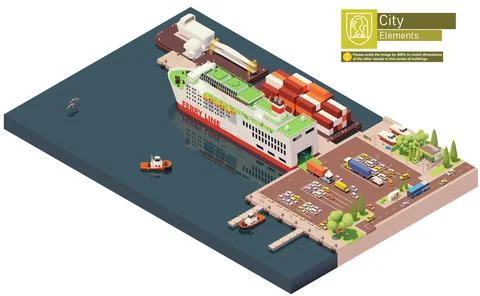Vector isometric ferry ship unloading Stock Illustration