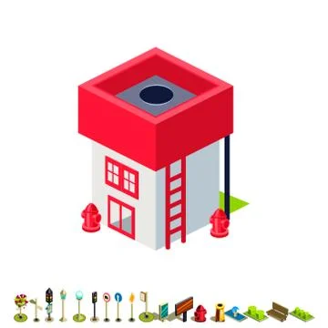Vector isometric fire station building icon Stock Illustration