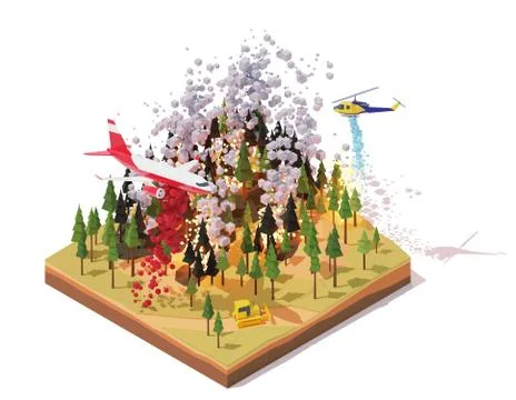 Vector isometric firefighting airplane and helicopter fighting wildfires Stock Illustration