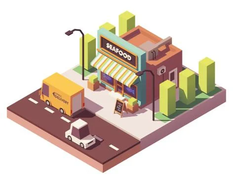 Vector isometric fish and seafood shop Illustrazione stock