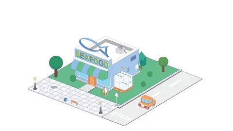 Vector isometric fish and seafood shop or fish market building neon signs and 스톡 일러스트