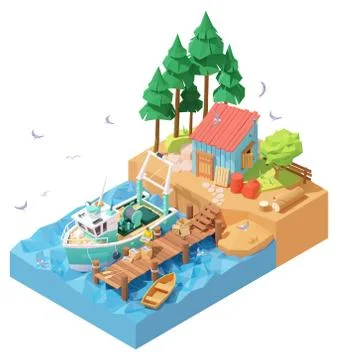 Vector isometric fisherman unloading catch from trawler on pier Stock Illustration
