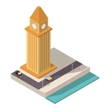 Vector isometric flat a tower with hours standing on the embankment and the r Stock Illustration