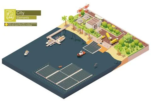 Vector isometric floating solar power plant construction Stock Illustration