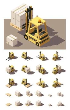 Vector isometric forklift with crates and pallets icon set Stock Illustration