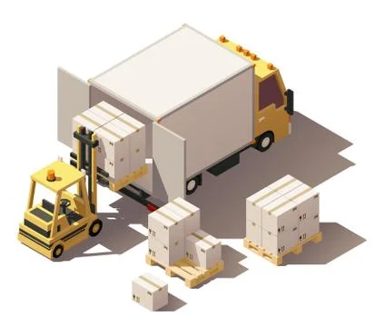 Vector isometric forklift loading box truck with crates on pallets icon Stock Illustration