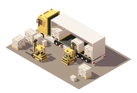 Vector isometric forklift loading box semi-trailer truck with crates on pallets Stock Illustration