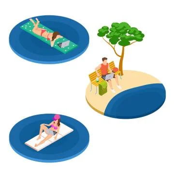 Vector isometric freelance workers on the beach working with laptop illustration Illustrazione stock