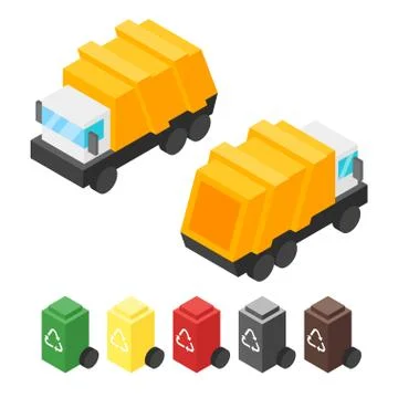 Vector isometric garbage truck. Back and front view. Illustrazione stock