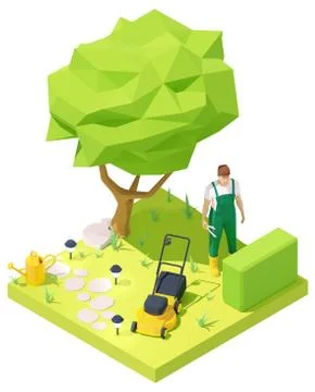 Vector isometric gardener working in garden Stock Illustration