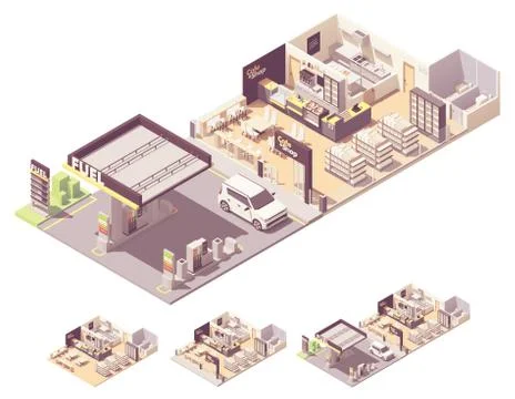 Vector isometric gas station interior Stock Illustration