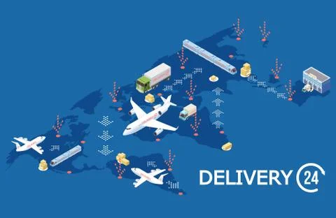 Vector isometric global logistic concept, Delivery world map illustration Stock Illustration