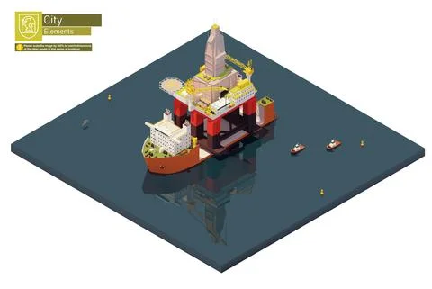 Vector isometric heavy lift cargo ship transporting oil rig Stock Illustration