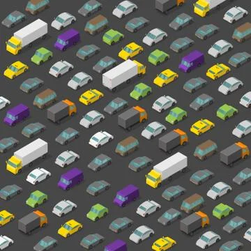 Vector isometric high traffic jam. A lot of cars. Transport highway background Stock Illustration