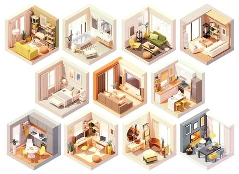 Vector isometric home rooms interiors set Illustrazione stock