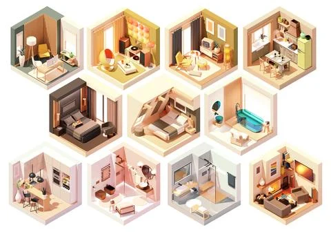 Vector isometric home rooms interiors set Stock Illustration