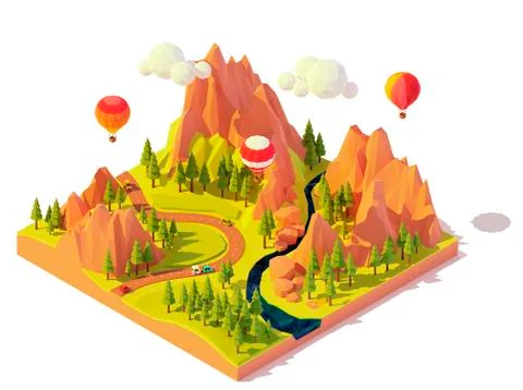Vector isometric hot air balloon rides Stock Illustration