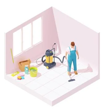 Vector isometric house cleaning after renovation Stock Illustration