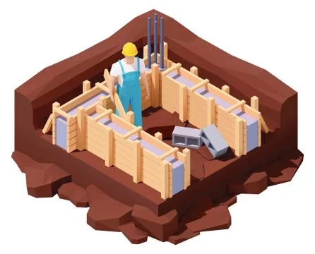 Vector isometric house foundation works Stock Illustration