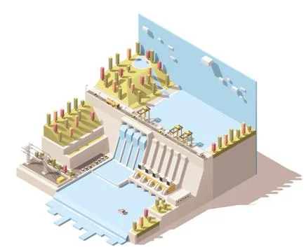 Vector isometric hydro power plant infographic Stock Illustration