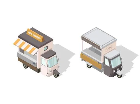 Vector isometric ice cream and coffee street food trucks. Tuc tuc. Stock-Illustration