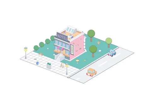 Vector Isometric icon or infographic element representing hotel building. Cars 스톡 일러스트
