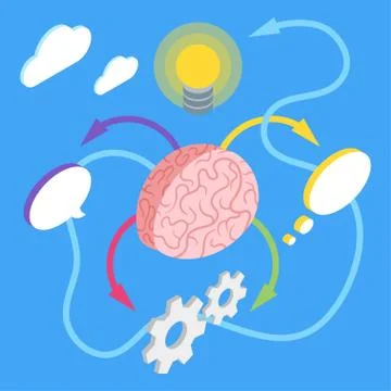 Vector isometric illustration of brain with various objects. Stock Illustration