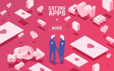 Vector Isometric illustration of dating application website template with couple Stock Illustration