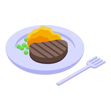 Vector isometric illustration of a grilled steak with mashed potatoes and peas Stock Illustration