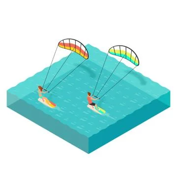 Vector isometric illustration of kite surfers. Man and woman on vacation. Stock Illustration