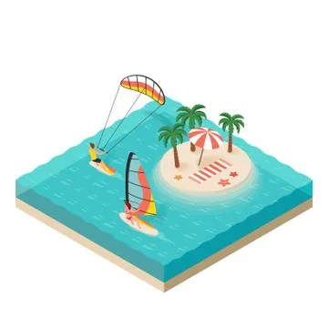 Vector isometric illustration of windsurfer and kite surfer. Tropical island  Stock Illustration