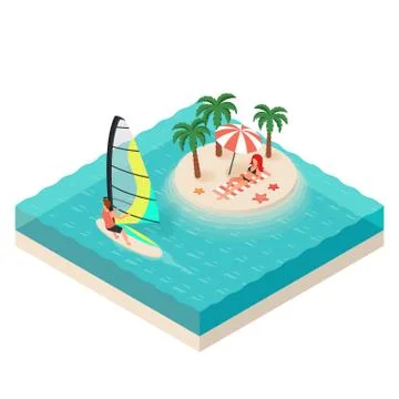 Vector isometric illustration of windsurfer. Tropical island on the sea Stock Illustration