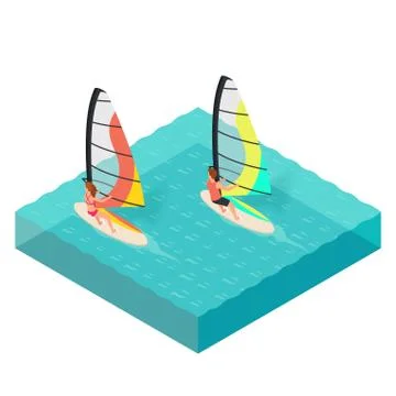 Vector isometric illustration of windsurfers. Man and woman on vacation. Stock Illustration