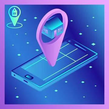 Vector isometric image of a smartphone with navigation application. Applicati Stock Illustration