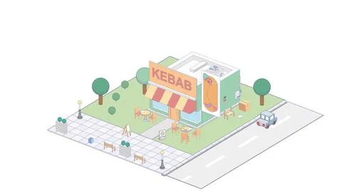 Vector isometric kebab shop or street food kebab restaurant building with sale 스톡 일러스트