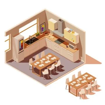 Vector isometric kitchen interior cross-section with island Illustrazione stock