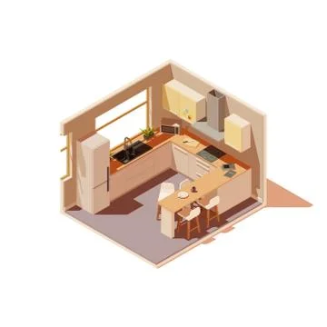 Vector isometric kitchen interior cross-section with island Illustrazione stock