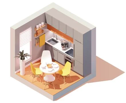 Vector isometric kitchen room with table Stock Illustration