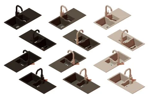 Vector isometric kitchen sink. Set of items to create a scene Stock Illustration