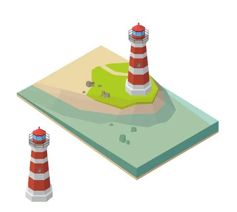 Vector isometric lighthouse on the small island near the sea. Stock-Illustration