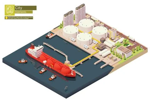 Vector isometric LNG carrier ship bunkering in LNG terminal Stock Illustration